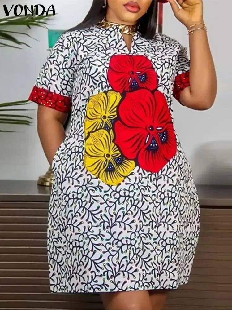 VONDA 2025 Fashion Women Elegant Dress Vintage Printed Sundress Oversized Mini Dress Casual Loose Party Short Robe Vestidos