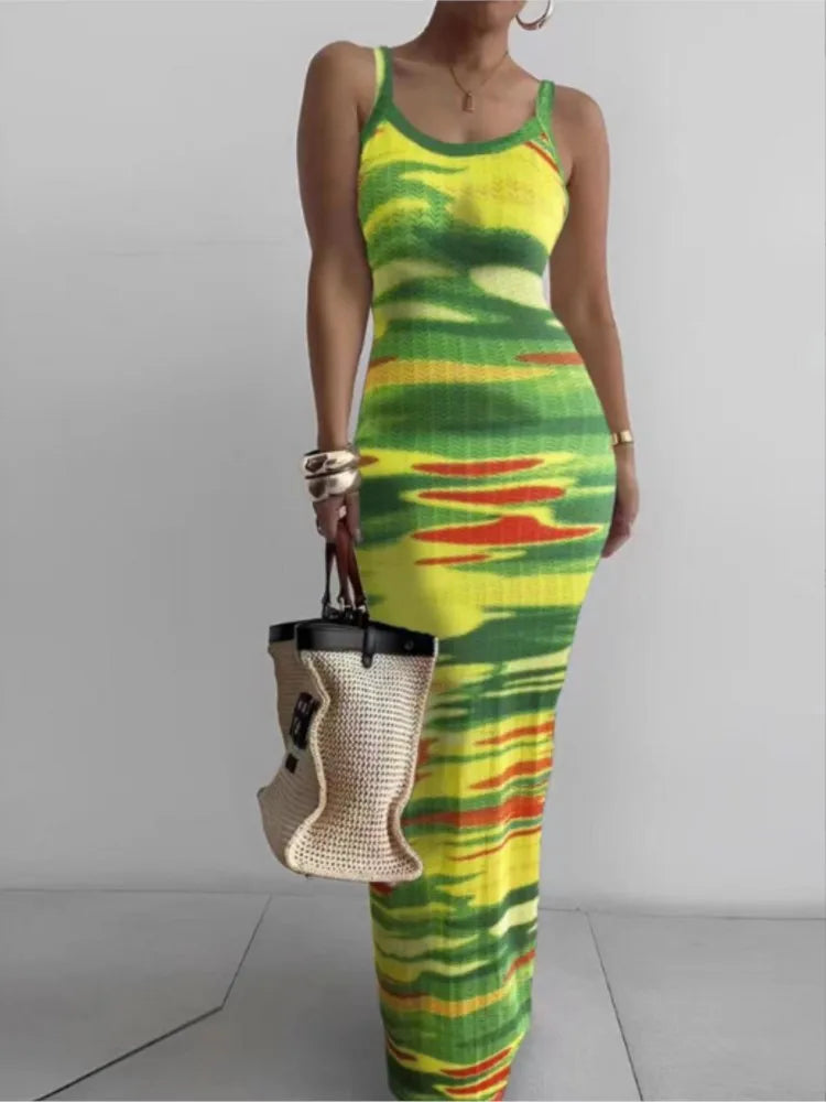 Gradient Printed Long Dress Summer New Women's Fashionable Printed Sexy Sleeveless Suspender Slim Fit Hip Hugging Long Dress