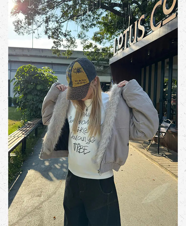 American Retro Fur Collar Hooded Jacket Women Y2K Streetwear Winter New Velvet Thickened Warm Harajuku Loose Casual Jacket