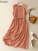 ZANZEA Women Round Neck A-lin Midi Dress Korean Casual Tank Robe Casual Solid Pleated Vestidos 2024 Summer Sleeveless Sundress