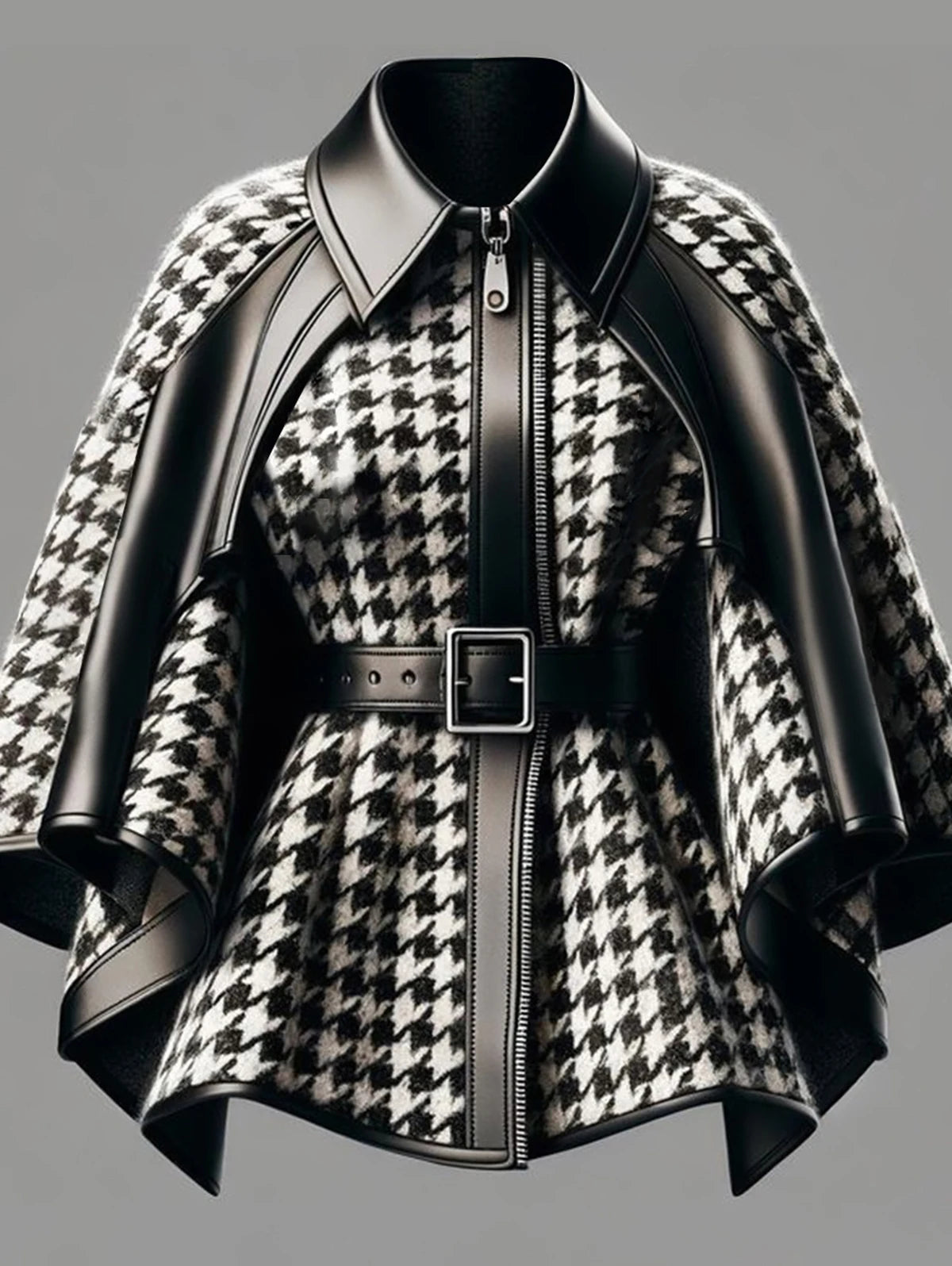 Houndstooth Pattern Women'S Jacket Asymmetrical Cape Sleeves Fashionable Harajuku Street Style Zipper Loose Jacket