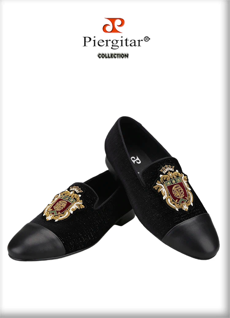 Piergitar 2022 New British Style Retro Embroidered Patch Men's Loafers Handmade Leather Stitching Velvet Moccasins Slip-On Shoes