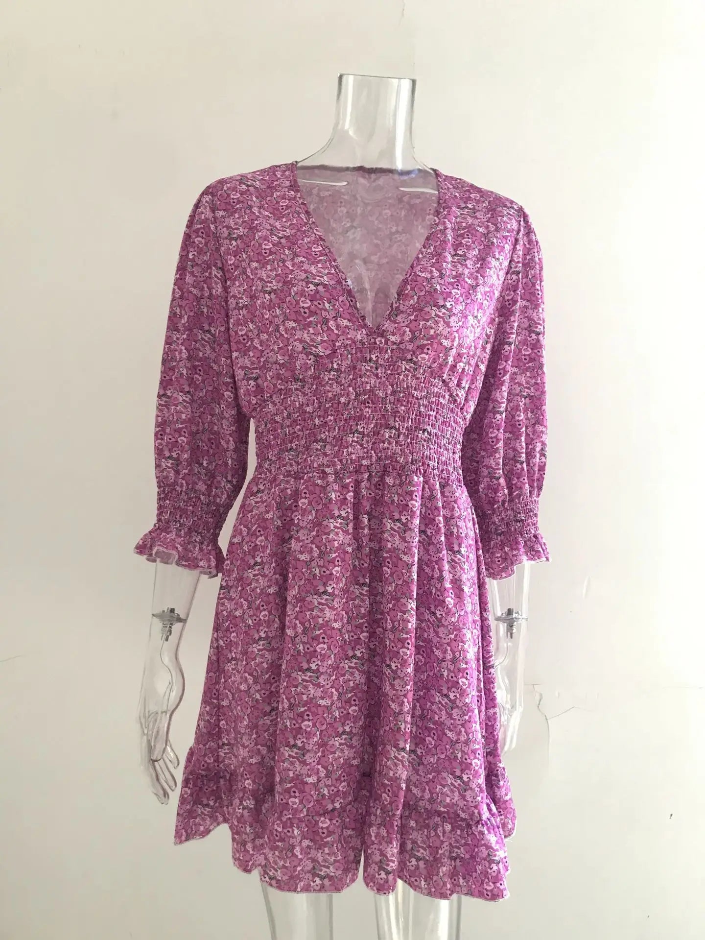 New Mid length Dress Waist Pullover Bohemian Printed Short Sleeve Fragmented Flower Dress