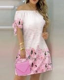 3XL Women's Casual Gradient Off Shoulder Short Sleeve Dress Bow Print Mini Dress