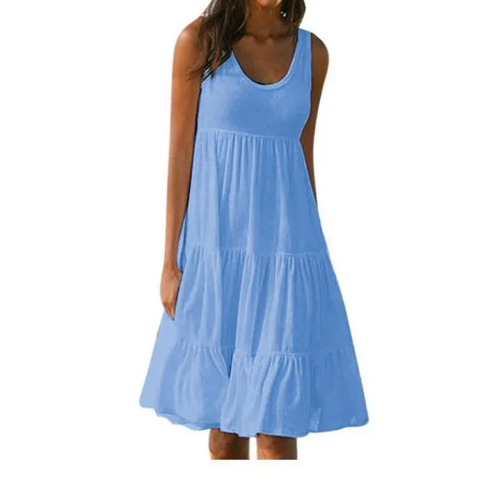 Women Causual O Neck Sleeveless Ruffles Mini Dress Boho Solid Beach Sundress Oversized Loose Dress 2023 Summer