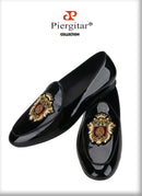 Piergitar Black Patent Leather Men's Loafers With Manual Embroidery Patches Imported From India Slip-On Moccasins Red Outsoles