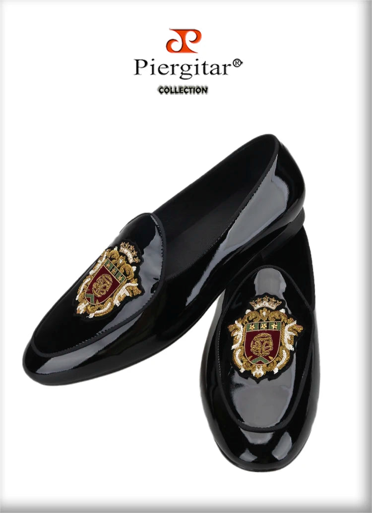 Piergitar Black Patent Leather Men's Loafers With Manual Embroidery Patches Imported From India Slip-On Moccasins Red Outsoles