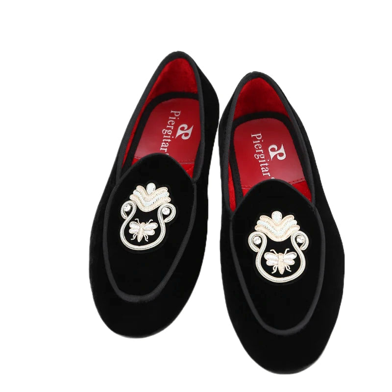 Black Velvet Men's Loafers with Embroidered Bee Rhinestone Patches and Red Outsole