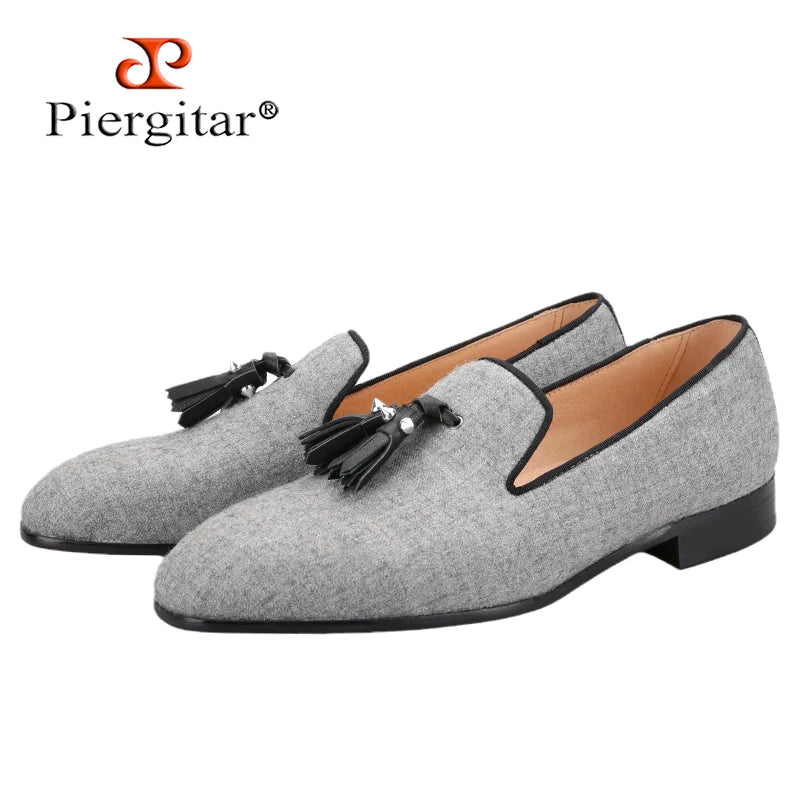 Piergitar Gray Woolly Men's Loafers With Sliver Spikes Tassels Handmade Smoking Slippers Luxurious CL Brand Same Type Red Sole