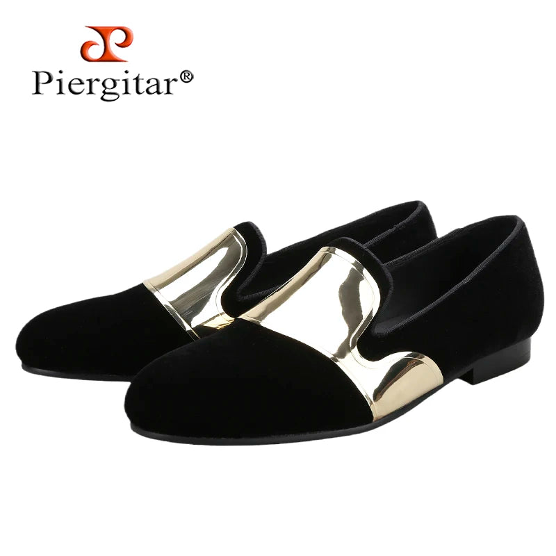 Piergitar Handmade Men Velvet Shoes With Across Gold Metal Buckles For Formal Suit Wear Fashion Party Slip-On Loafers Plus SIze
