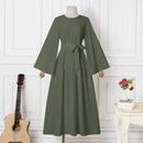Long-sleeved Muslims Dubai Abayas Fashion O-neck Dress for Women Spring Solid Color Casual Robe Female Islam Clothes with Belt
