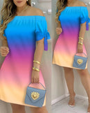 3XL Women's Casual Gradient Off Shoulder Short Sleeve Dress Bow Print Mini Dress