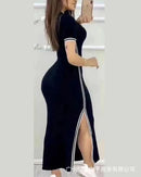 Women's Round Neck and Side Split Short Sleeves Dress