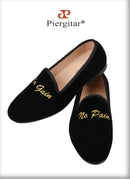 Piergitar BLack Velvet Men Moccasin With Gold Personality Letters Embroidery For Banquet And Party Handmade Slip-On Loafers