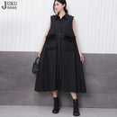 Front Pocket New 2025 Summer Korean Style Woman Black Sleeveless Shirt Dress Loose Fit Chic Holiday Casual Big Size Robe JKXD003