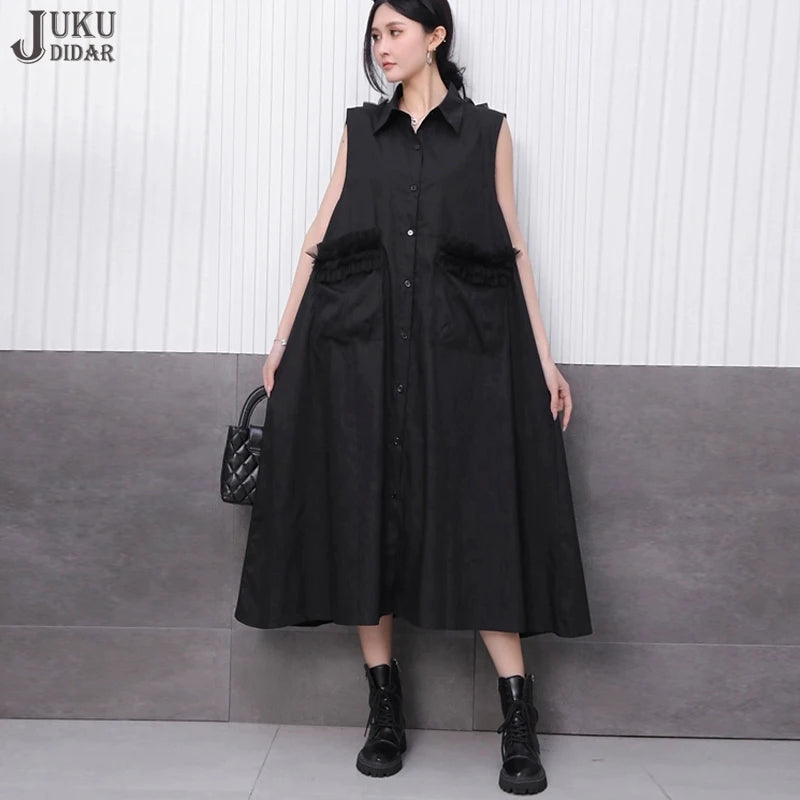 Front Pocket New 2025 Summer Korean Style Woman Black Sleeveless Shirt Dress Loose Fit Chic Holiday Casual Big Size Robe JKXD003