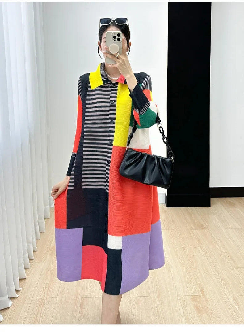 Miyake Women's Color Matching Dress, Autumn and Winter New Fashion Print Pleats, Medium Length, Loose Length Skirt