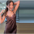 Sexy Sling Dress Women V Neck Hollow Out Backless Patchwork Lace