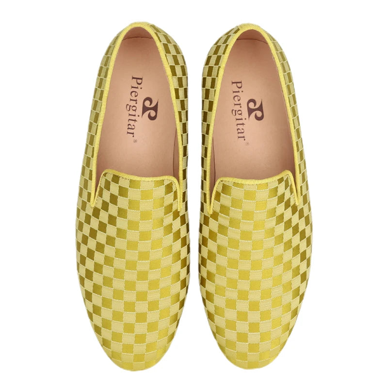 Piergitar 2022 Four Colors Checkerboard Print Silk Handmade Men's Loafers Classic British Style Man Smoking Slippers For Party