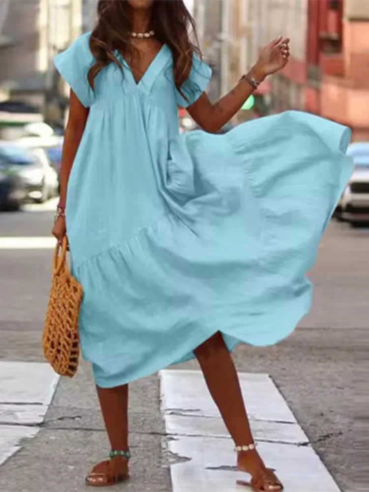 Casual Loose Short Sleeved V-neck Solid Color Women's Dress High Street Fashion Dating Vacation Summer Dress