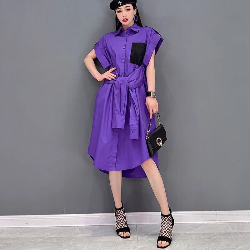 Extra Sleeves Decorated New 2025 Summer Korean Style Woman Purple Shirt Dress Loose Fit Chic Unique Big Size Casual Robe JKXD005