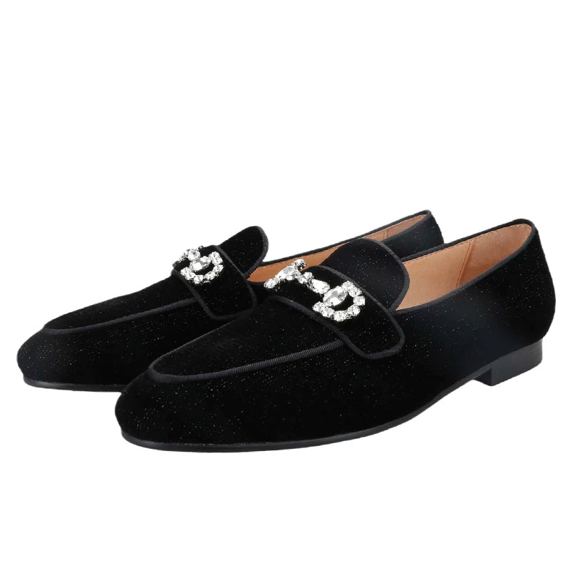 Black Velvet Loafers For Men With Crystal Rhinestone Horsebit Embellishments