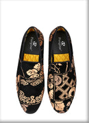 Customized Chinese style slip-on smoking shoes with gold totem print on black velvet.