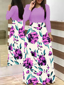 2023 European and American style floral print color matching long sleeved dress, long women's large swing skirt