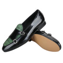 Piergitar Black Polished Leather Patchwork Green Crocodile Suede Men's Monk Shoes Handmade Slip-On Loafers For Wedding And Party