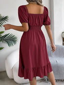 2024 New Fashion Solid Puff Sleeve Square Neck Ruched Bust Ruffle Hem Wasit Dress, Women's Clothing
