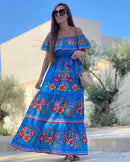2024 Spring/Summer New Women Retro Fashion One Shoulder Red Flower Printed Waist Collection Long Style Large Swing Casual Dress
