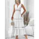 Women's Lace Stitching V-neck Sleeveless Dress High Waist White Ankle Length Sexy Long Dress
