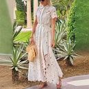 Women's Hollow Lapel Tie Up Lace Dress