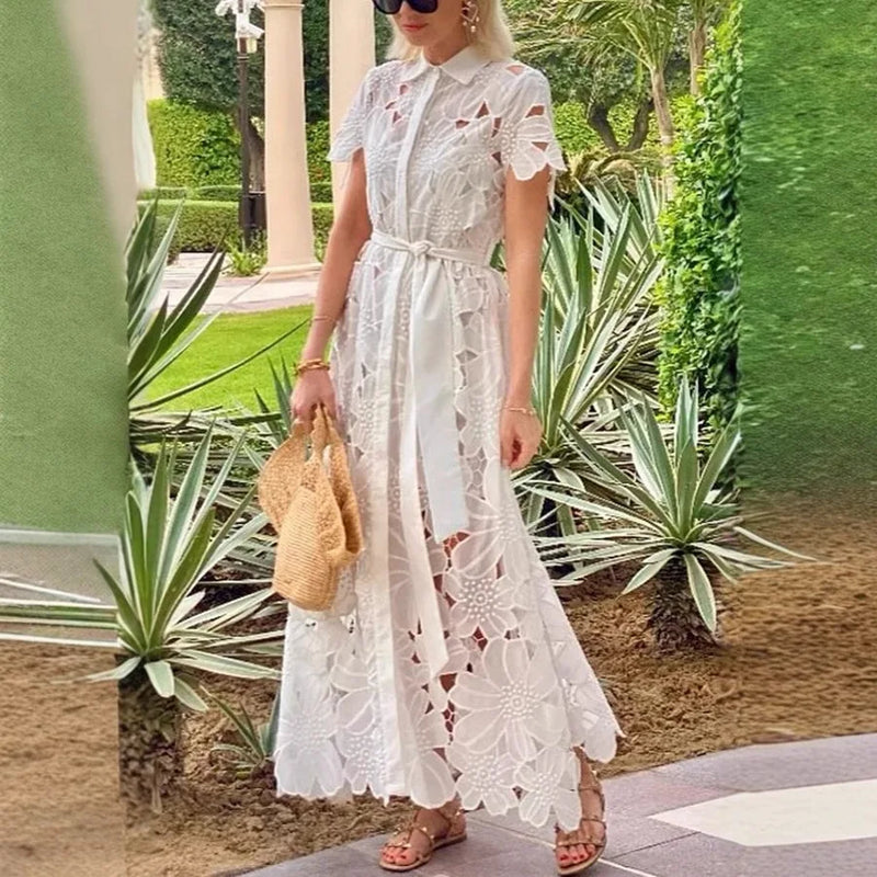 Women's Hollow Lapel Tie Up Lace Dress