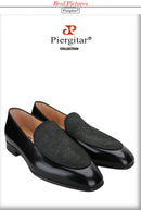 Piergitar Flower Pattern Embossed Leather Patchwork With Black Calfskin Men's Loafers Handmade Slip-On Slippers Red Bottom Flats