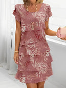 2025 Spring Chic Floral Print Chiffon Dress Woman Elegant Crew Neck Tierred Pleated Dress Summer Short Sleeve A-Line Party Dress