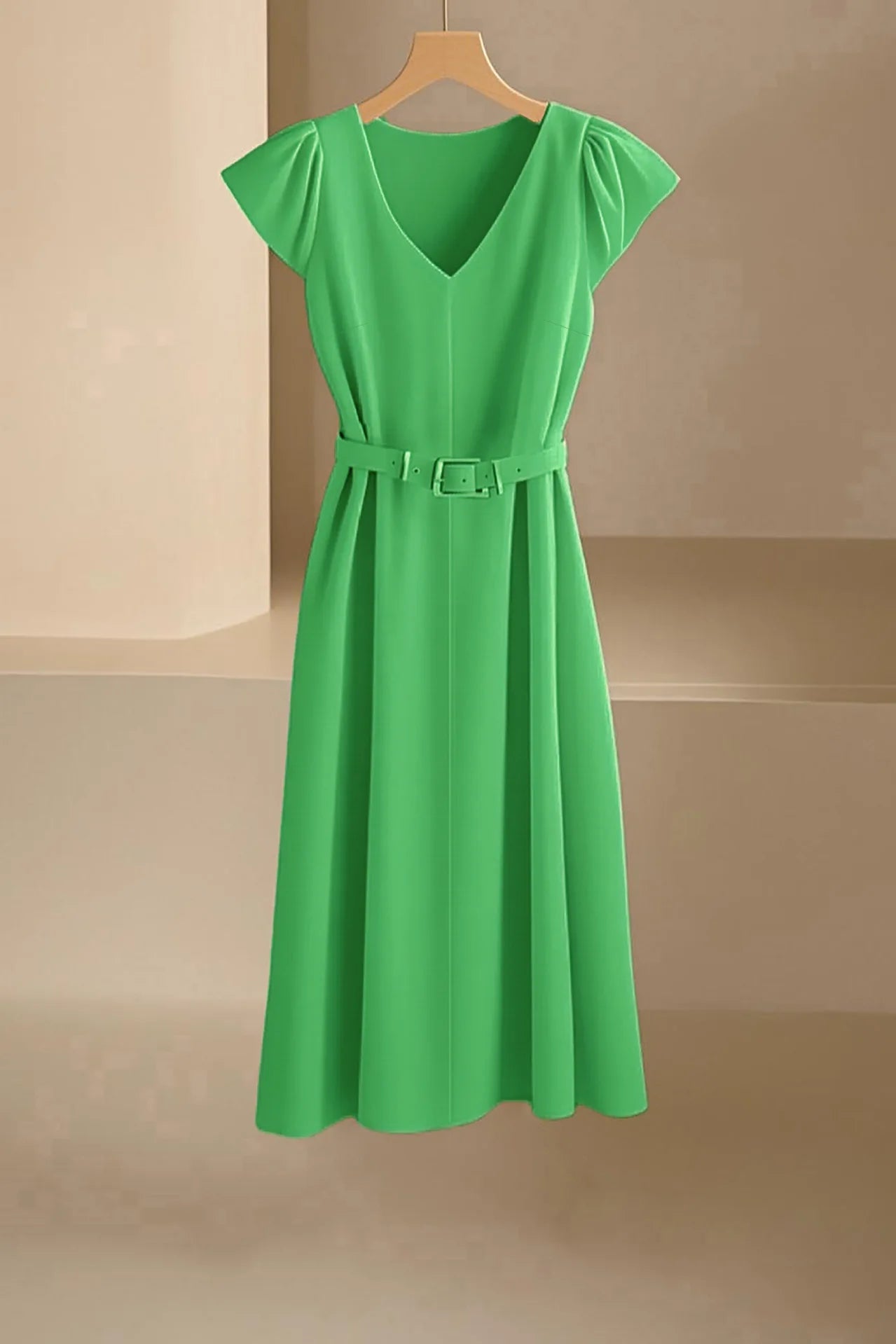 2024 Spring Summer Women's V-Neck Midi Dress Soft Stretch Office Casual Chic Solid Color No Belt Included