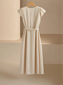 2024 Spring Summer Women's V-Neck Midi Dress Soft Stretch Office Casual Chic Solid Color No Belt Included