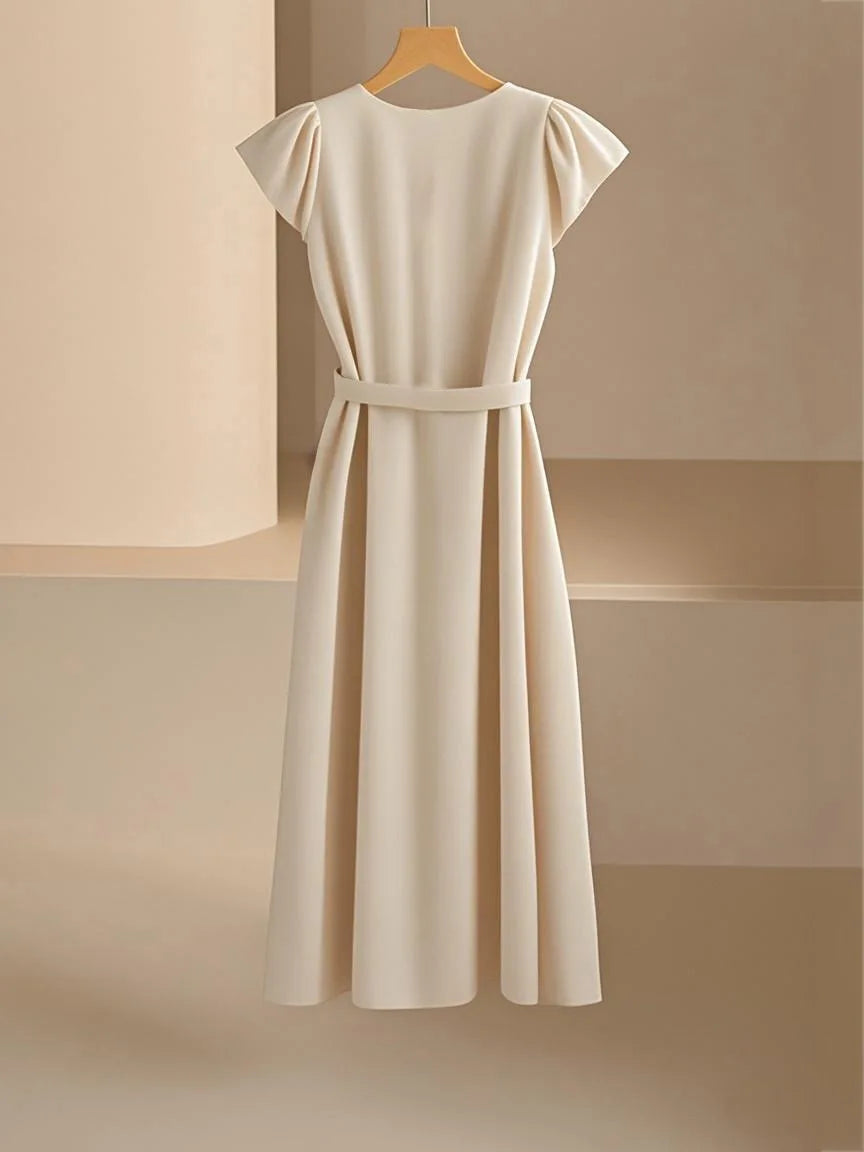 2024 Spring Summer Women's V-Neck Midi Dress Soft Stretch Office Casual Chic Solid Color No Belt Included