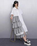 Ruffle Decoration New 2025 Summer Korean Style Woman Black Shirt Dress Loose Fit Chic Big Size Casual Holiday Dress Robe JKXD002