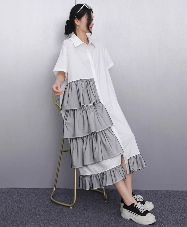 Ruffle Decoration New 2025 Summer Korean Style Woman Black Shirt Dress Loose Fit Chic Big Size Casual Holiday Dress Robe JKXD002