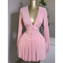 Women's Short Skirt Mini dress Ruched Lantern Sleeve