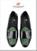 Piergitar Black Polished Leather Patchwork Green Crocodile Suede Men's Monk Shoes Handmade Slip-On Loafers For Wedding And Party
