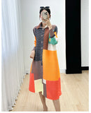 Miyake Women's Color Matching Dress, Autumn and Winter New Fashion Print Pleats, Medium Length, Loose Length Skirt