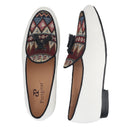 Piergitar Brand 2023 White Cotton Canvas Of Paisley Pattern Men's Loafers Fashion Party Handmade Leahter Tassel Shoes Plus Size