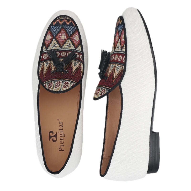 Piergitar Brand 2023 White Cotton Canvas Of Paisley Pattern Men's Loafers Fashion Party Handmade Leahter Tassel Shoes Plus Size