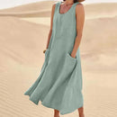 Women Linen Sundress Summer Female Sleeveless Double Big Pocket Loose Sand Beachwear Long Dress Oversized