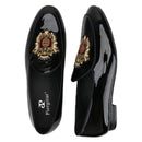 Piergitar Black Patent Leather Men's Loafers With Manual Embroidery Patches Imported From India Slip-On Moccasins Red Outsoles