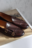 Piergitar 2023 Dark Brown Nappa Calfskin Double-Monk Belgian Loafers With Fringes And Metal Buckles Slip-On Men Smoking Slippers