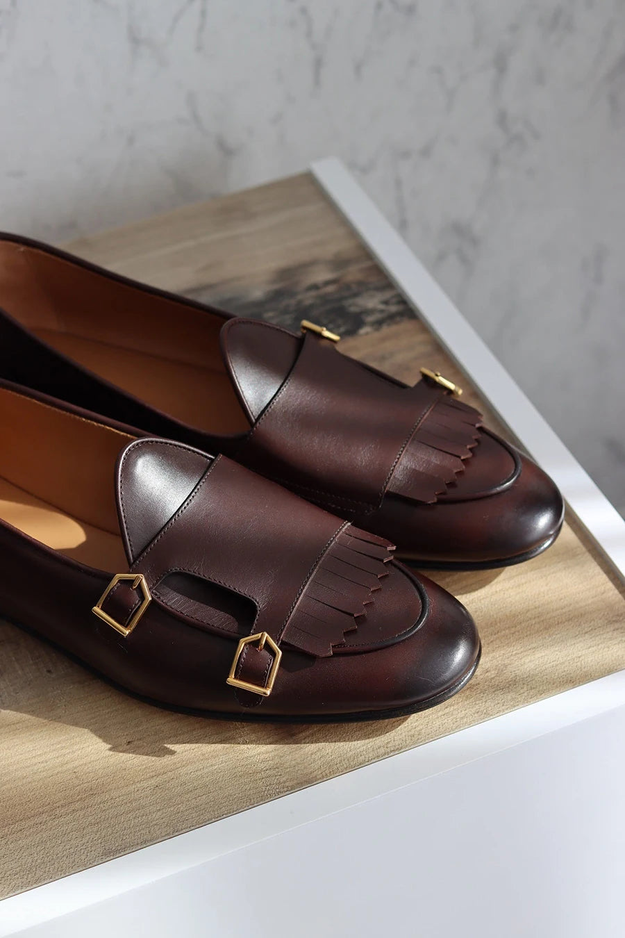 Piergitar 2023 Dark Brown Nappa Calfskin Double-Monk Belgian Loafers With Fringes And Metal Buckles Slip-On Men Smoking Slippers